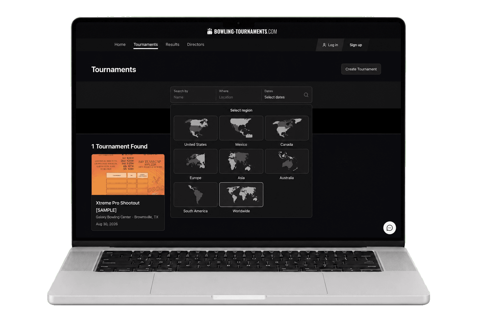 Bowling-Tournaments.com tournaments page on a laptop, with region search open
